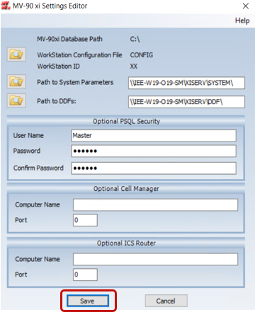 Screenshot of the MV-90 xi Settings Editor dialog.